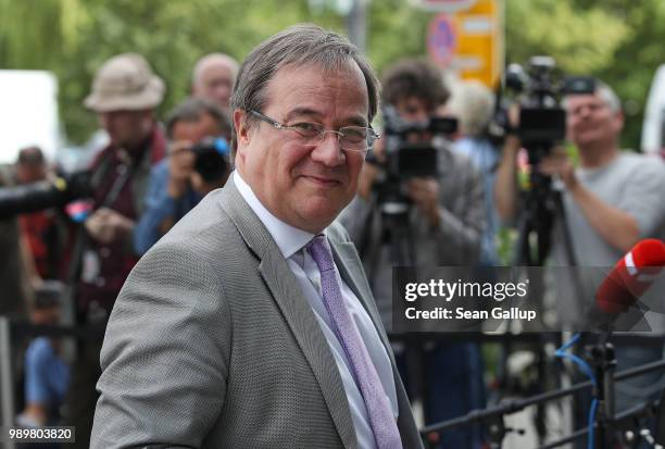Armin Laschet, memberof the German Chistian Democrats and Governor of North Rhine-Westphalia, arrives at CDU party headquarters prior to a meeting...