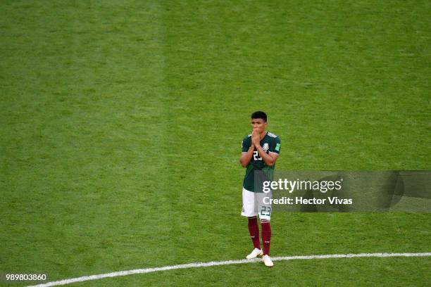 Jesus Gallardo of Mexico looks dejected following his sides defeat in the 2018 FIFA World Cup Russia Round of 16 match between Brazil and Mexico at...