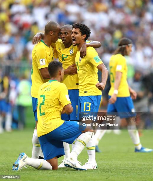 Fernandinho, Miranda, Marquinhos and Thiago Silva of Brazil celebrate victory following the 2018 FIFA World Cup Russia Round of 16 match between...