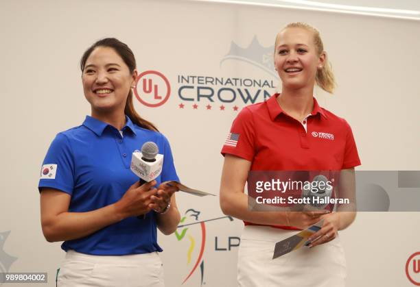 Players So Yeon Ryu of South Korea and Jessica Korda of the United States take questions on stage on stage at the UL International Crown Press...