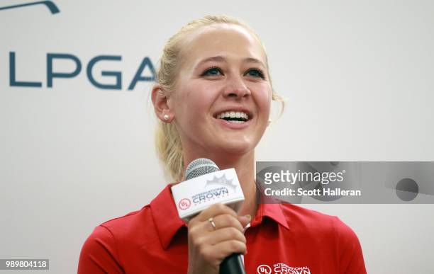 Player Jessica Korda of the United States takes questions on stage on stage at the UL International Crown Press Conference on July 2, 2018 at the...