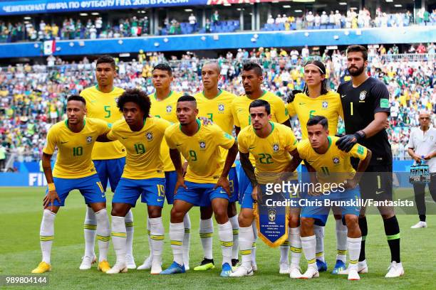 The Brazil team line up before the 2018 FIFA World Cup Russia Round of 16 match between Brazil and Mexico at Samara Arena on July 2, 2018 in Samara,...