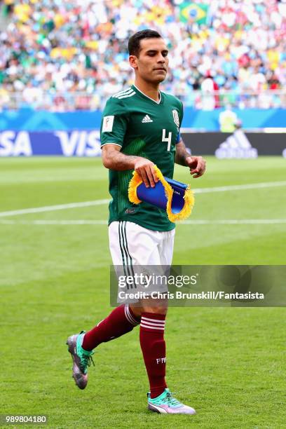 Rafael Marquez of Mexico holds a match pendant before the 2018 FIFA World Cup Russia Round of 16 match between Brazil and Mexico at Samara Arena on...