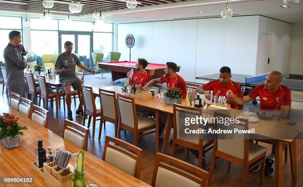 Jurgen Klopp manager of Liverpool with Adam Lallana, Danny Ings, Allan Rodrigues de Souza and Fabinho during their first day back for pre-season...