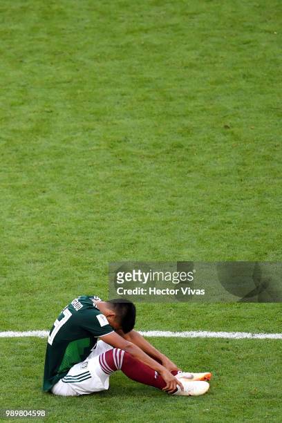 Jesus Gallardo of Mexico looks dejected following his sides defeat in the 2018 FIFA World Cup Russia Round of 16 match between Brazil and Mexico at...