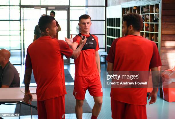 Ben Woodburn, Allan Rodrigues de Souza and Pedro-Chirivella of Liverpool during their first day back for pre-season training at Melwood Training...