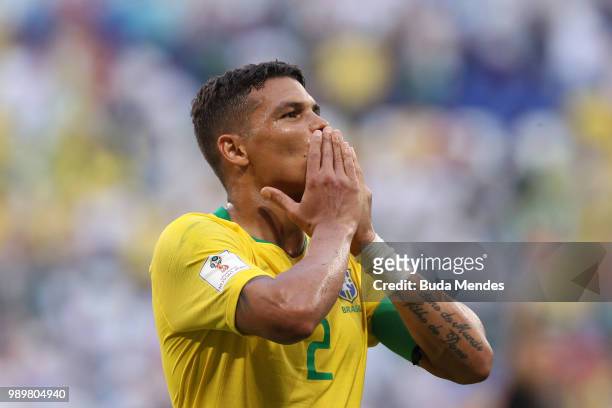 Thiago Silva of Brazil celebrates victory following the 2018 FIFA World Cup Russia Round of 16 match between Brazil and Mexico at Samara Arena on...