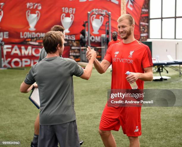 Ragnar Klavan of Liverpool during his first day back for pre-season training at Melwood Training Ground on July 2, 2018 in Liverpool, England.