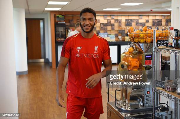 Joe Gomez of Liverpool during his first day back for pre-season training at Melwood Training Ground on July 2, 2018 in Liverpool, England.