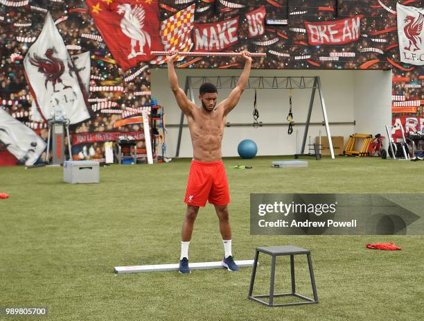 Joe Gomez of Liverpool during his first day back for pre-season training at Melwood Training Ground on July 2, 2018 in Liverpool, England.