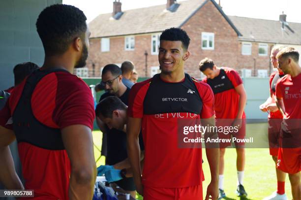 Joe Gomez and Dominc Solanke of Liverpool during their first day back for pre-season training at Melwood Training Ground on July 2, 2018 in...