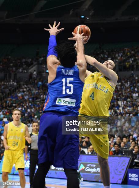 Philippine's June Fajardo blocks a shot by Australia's Christopher Goulding during their FIBA World Cup Asian qualifier game at the Philippine arena...