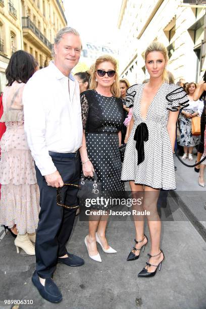 Richard Hilton, Kathy Hilton and Nicky Rotschild Hilton are seen at the Ralph & Russo Haute Couture Fall Winter 2018/2019 Show on July 2, 2018 in...