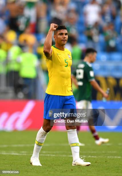 Casemiro of Brazil celebrates victory following the 2018 FIFA World Cup Russia Round of 16 match between Brazil and Mexico at Samara Arena on July 2,...