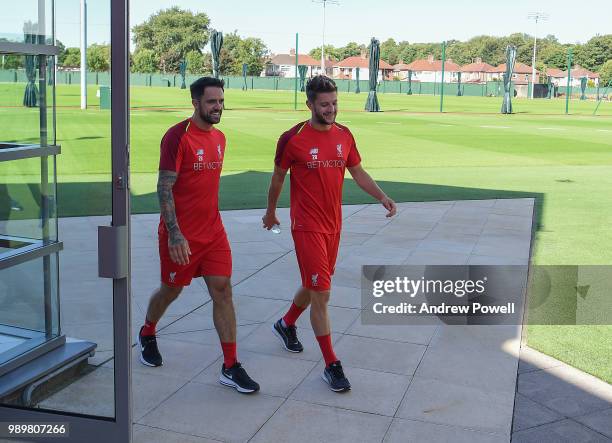 Danny Ings and Adam Lallana of Liverpool during their first day back for pre-season training at Melwood Training Ground on July 2, 2018 in Liverpool,...