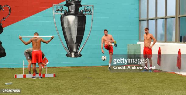 Danny Ward and Conor Masterson of Liverpool during their first day back for pre-season training at Melwood Training Ground on July 2, 2018 in...