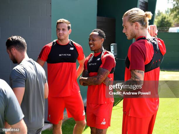 Danny Ward, Nathaniel Clyne and Loris Karius of Liverpool during their first day back for pre-season training at Melwood Training Ground on July 2,...