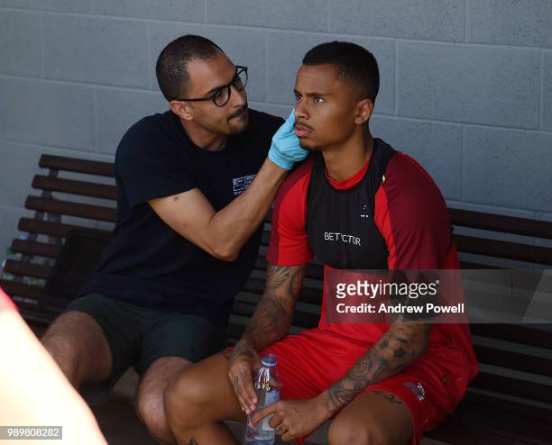 Allan Rodrigues de Souza of Liverpool during his first day back for pre-season training at Melwood Training Ground on July 2, 2018 in Liverpool,...