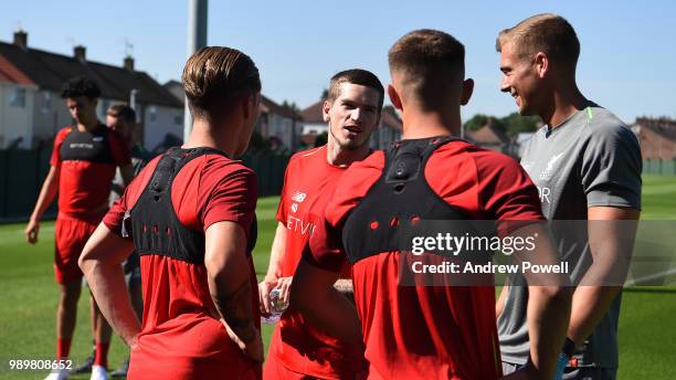 Ryan Kent, Harry Wilson and Ben Woodburn of Liverpool during their first day back for pre-season training at Melwood Training Ground on July 2, 2018...