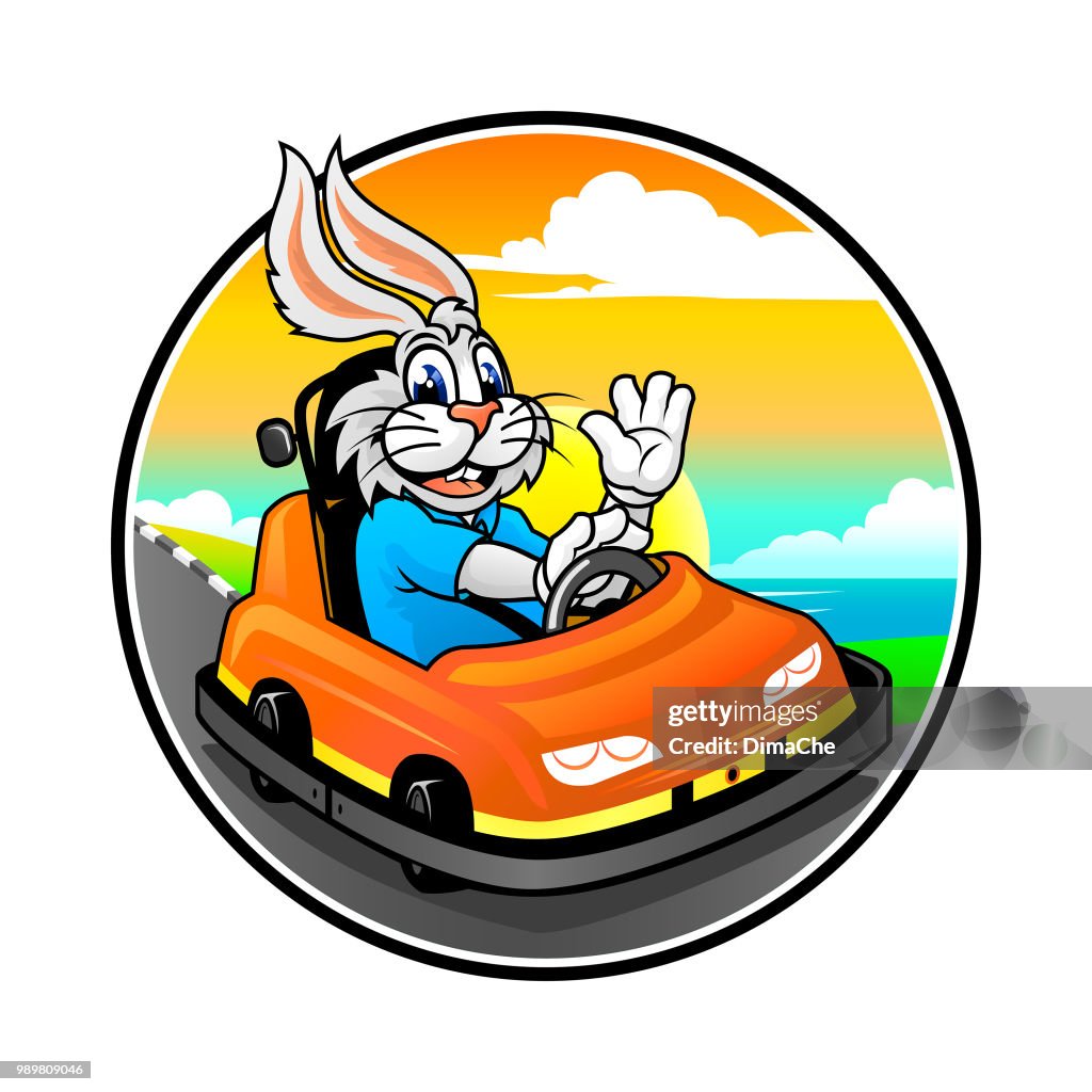 Gulf Rabbit Car Drawing Cartoon Rabbit In Bumper Car At Sunset Background High-Res Vector ...
