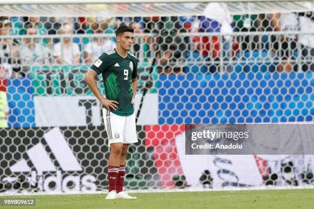 Raul Jimenez of Mexico reacts after losing the 2018 FIFA World Cup Russia Round of 16 match against Brazil at the Samara Arena Stadium in Samara,...