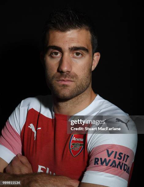 Arsenal unveil new signing Sokratis Papastathopolus at London Colney on July 2, 2018 in St Albans, England.