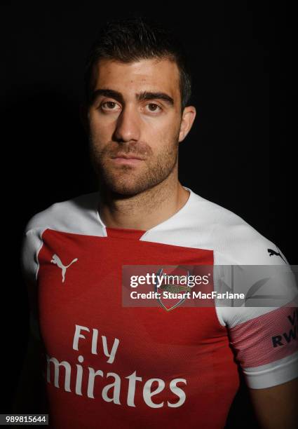 Arsenal unveil new signing Sokratis Papastathopolus at London Colney on July 2, 2018 in St Albans, England.