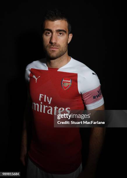 Arsenal unveil new signing Sokratis Papastathopolus at London Colney on July 2, 2018 in St Albans, England.