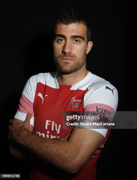 Arsenal unveil new signing Sokratis Papastathopolus at London Colney on July 2, 2018 in St Albans, England.