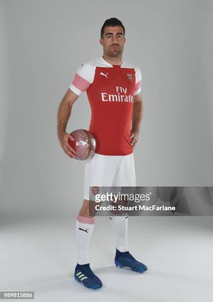Arsenal unveil new signing Sokratis Papastathopolus at London Colney on July 2, 2018 in St Albans, England.
