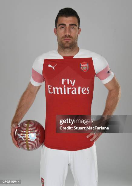 Arsenal unveil new signing Sokratis Papastathopolus at London Colney on July 2, 2018 in St Albans, England.