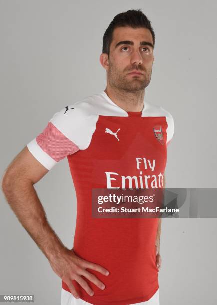 Arsenal unveil new signing Sokratis Papastathopolus at London Colney on July 2, 2018 in St Albans, England.