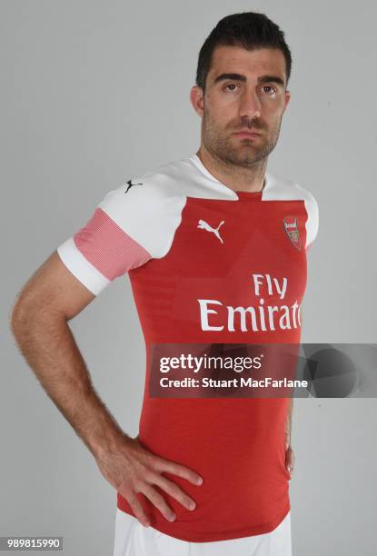 Arsenal unveil new signing Sokratis Papastathopolus at London Colney on July 2, 2018 in St Albans, England.