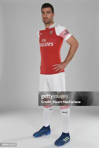 Arsenal unveil new signing Sokratis Papastathopolus at London Colney on July 2, 2018 in St Albans, England.