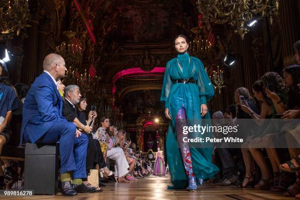 Adriana Lima walks the runway during the Schiaparelli Haute Couture Fall Winter 2018/2019 show as part of Paris Fashion Week on July 2, 2018 in...