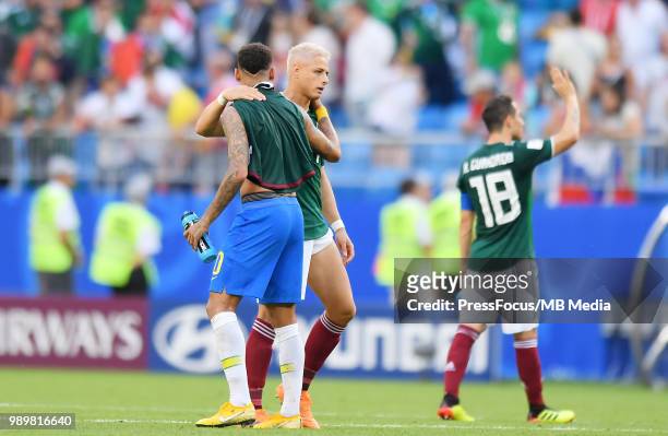 Neymar of Brazil and Javier Hernandez of Mexico Javier Hernandez of Mexico reacts at full time during the 2018 FIFA World Cup Russia Round of 16...