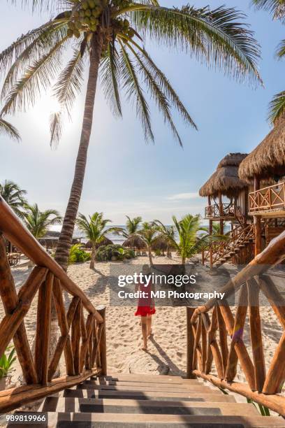 woman walking down staircase in tulum - tulum mexiko bildbanksfoton och bilder