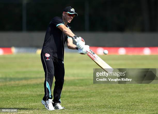 David Warner of Winnipeg Hawks warms up prior to a Global T20 Canada match against Toronto Nationals at Maple Leaf Cricket Club on July 2, 2018 in...