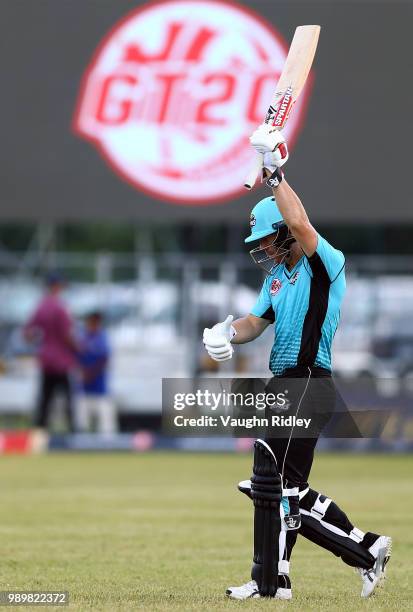David Warner of Winnipeg Hawks runs out to open the batting during a Global T20 Canada match against Toronto Nationals at Maple Leaf Cricket Club on...