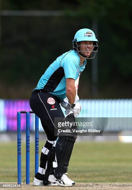 David Warner of Winnipeg Hawks prepares for his first delivery during a Global T20 Canada match against Toronto Nationals at Maple Leaf Cricket Club...