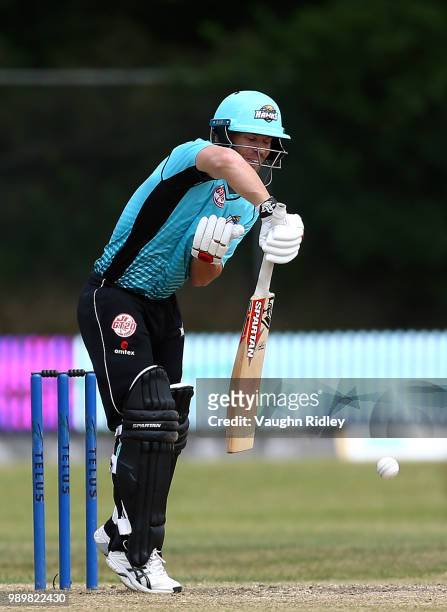 David Warner of Winnipeg Hawks hits out during a Global T20 Canada match against Toronto Nationals at Maple Leaf Cricket Club on July 2, 2018 in King...