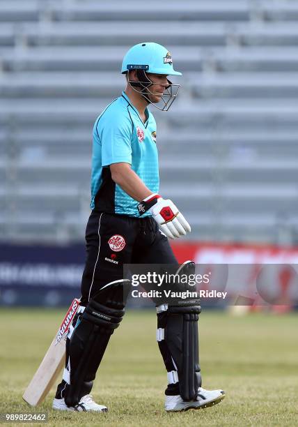 David Warner of Winnipeg Hawks walks off after being run out during a Global T20 Canada match against Toronto Nationals at Maple Leaf Cricket Club on...