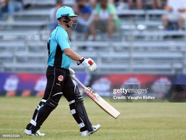 David Warner of Winnipeg Hawks walks off after being run out during a Global T20 Canada match against Toronto Nationals at Maple Leaf Cricket Club on...