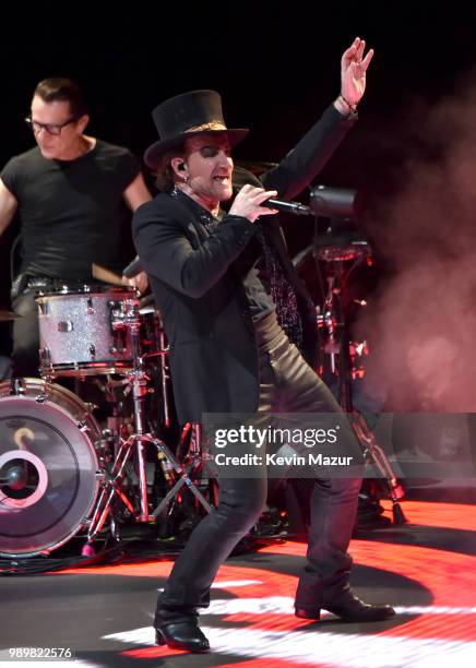 Bono of U2 performs on stage during the "eXPERIENCE & iNNOCENCE" tour at Madison Square Garden on July 1, 2018 in New York City.