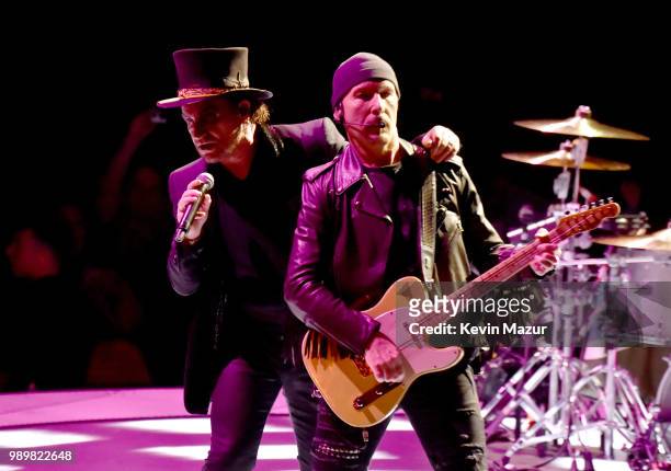 Bono and The Edge of U2 perform on stage during the "eXPERIENCE & iNNOCENCE" tour at Madison Square Garden on July 1, 2018 in New York City.