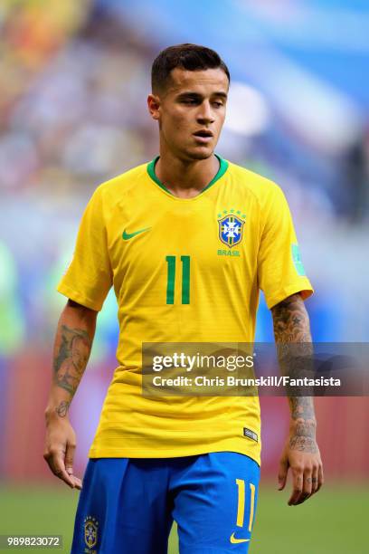 Philippe Coutinho of Brazil looks on during the 2018 FIFA World Cup Russia Round of 16 match between Brazil and Mexico at Samara Arena on July 2,...