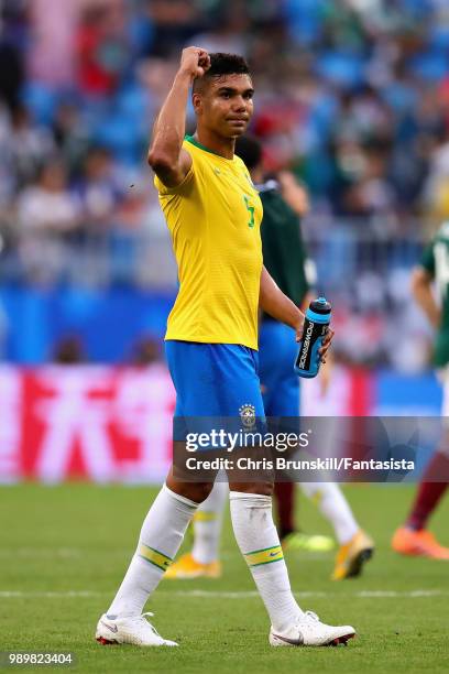 Casemiro of Brazil celebrates after the 2018 FIFA World Cup Russia Round of 16 match between Brazil and Mexico at Samara Arena on July 2, 2018 in...