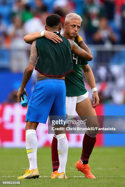 Neymar of Brazil hugs Javier Hernandez of Mexico after the 2018 FIFA World Cup Russia Round of 16 match between Brazil and Mexico at Samara Arena on...