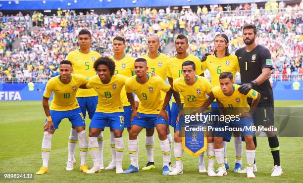 Casemiro, Thiago Silva, Miranda, Paulinho, Filipe Luis, Alisson, Neymar, Willian, Gabriel Jesus, Fagner, Philippe Coutinho of Brazil during the 2018...