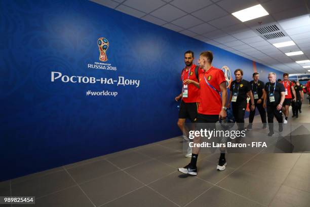 Thorgan Hazard and Yannick Carrasco of Belgium arrive at the stadium prior to the 2018 FIFA World Cup Russia Round of 16 match between Belgium and...